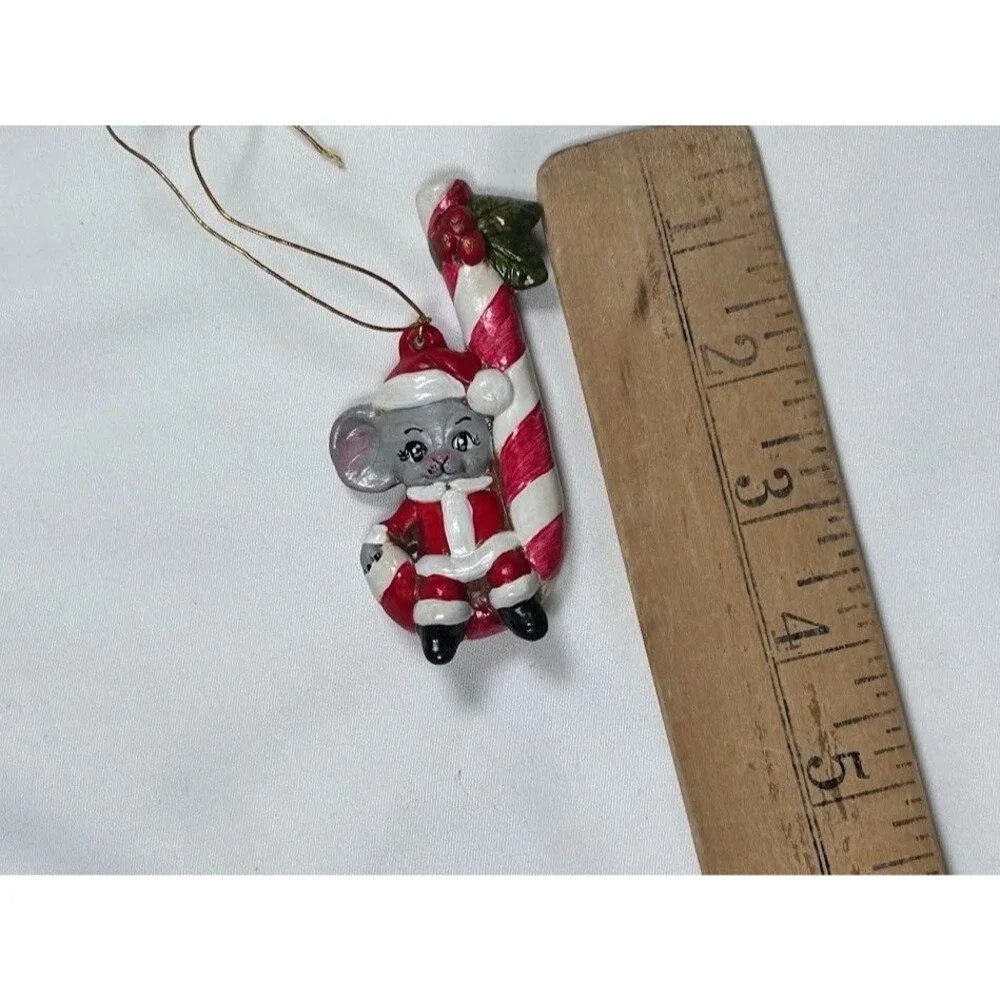Vintage 1983 Mouse Dressed Santa on Candy Cane Ceramic Christmas Tree Ornament
